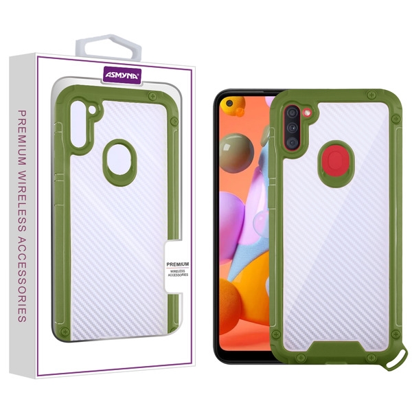 Asmyna Hybrid Case for Samsung Galaxy A11 - Transparent Clear Carbon Fiber Texture / Green