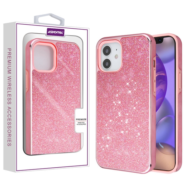 Asmyna Encrusted Rhinestones Hybrid Case for Apple iPhone 12 mini (5.4) - Electroplated Pink / Pink