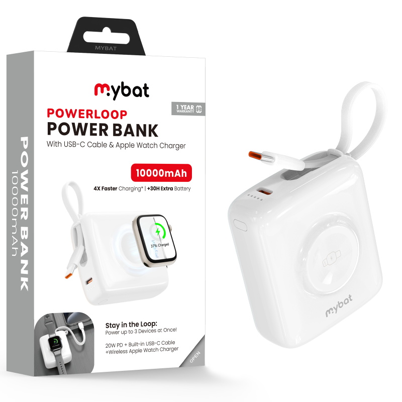 MyBat 10000mAh PowerLoop Power Bank with USB-C Cable & Watch Charger - White
