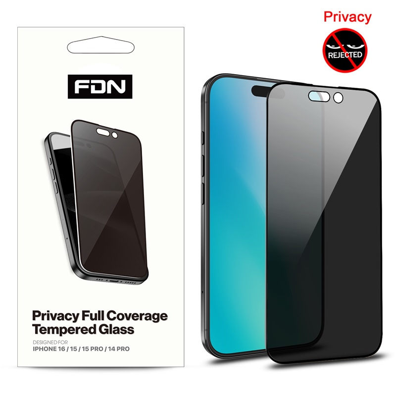 FDN Privacy Full Coverage Tempered Glass Screen Protector for Apple iPhone 16 / 15 (6.1) / 15 Pro (6.1) / 14 Pro (6.1) - Black