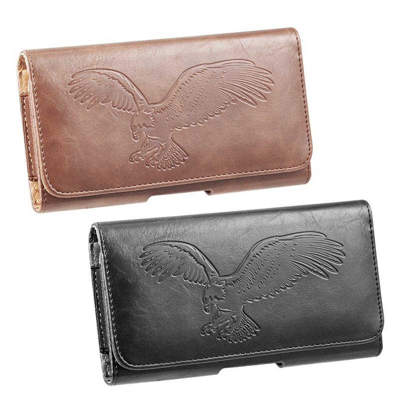 Brown Horizontal Leather Wallet Pouch Case Cover Belt Magnet Clip Holster Eagle Embossed