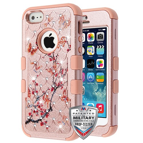 MyBat FullStar TUFF Series Case - Butterflies in Spring Flowers (Rose Gold) Rose Gold for Apple SE Apple iPhone 5s 5