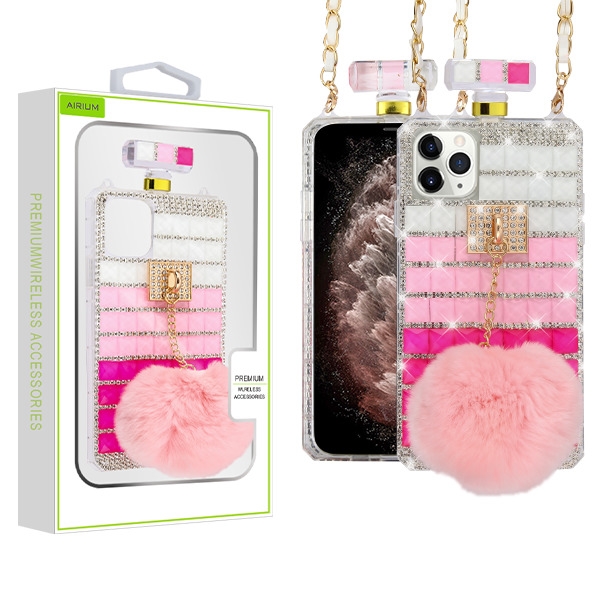 Airium Crystals Diamante Perfume Bottle Candy Skin Cover With Pink Cute Plush Bulb With Chain Gradient Stripes For Apple Iphone 11 Pro Max