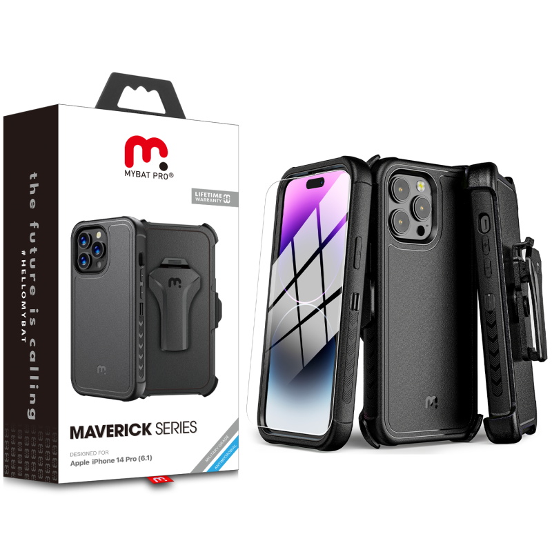 MyBat Pro Antimicrobial Maverick Series Case with Holster and Tempered Glass for Apple iPhone 14 Pro - Black Black for Apple iPhone 14 Pro MyBat Pro Antimicrobial Maverick Series Case with Holster and Tempered Glass for Apple iPhone 14 Pro - Black Black for Apple iPhone 14 Pro