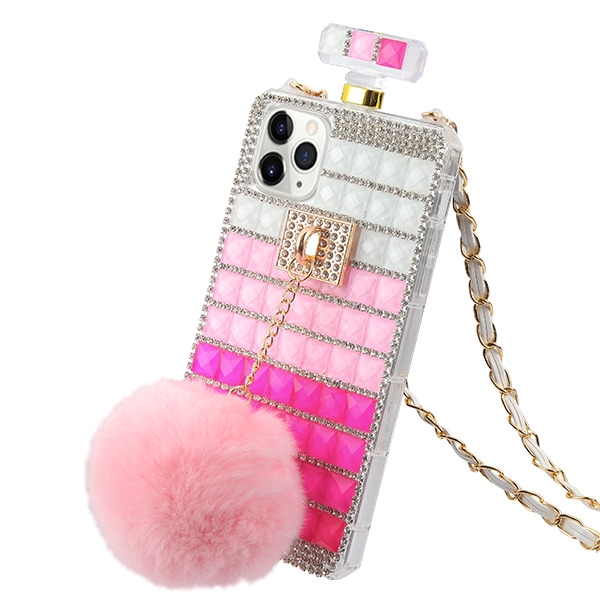 Airium Crystals Diamante Perfume Bottle Candy Skin Cover With Pink Cute Plush Bulb With Chain Gradient Stripes For Apple Iphone 11 Pro Max